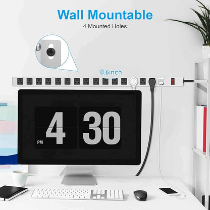 JUNNUJ Metal 16 Outlet Power Strip, Mountable Heavy Duty Power Strip, 1200J Surge Protector Wall Mount Screws Outlet with Switch, Gaming Desk Strips Wide Spaced 15A 125V 1875W, 10 FT 14AWG Power Cord