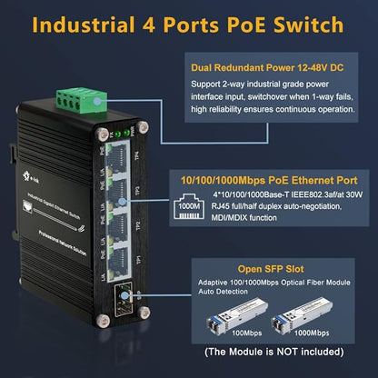 Industrial Gigabit 4 Ports PoE Ethernet Switch PoE+ Fiber Switch with 100/1000M Adaptive SFP Slot Din Rail Unmanaged 10/100/1000Mbps Network Switch IEEE802.3af/at 30W/Port Max 120W 12-48V DC