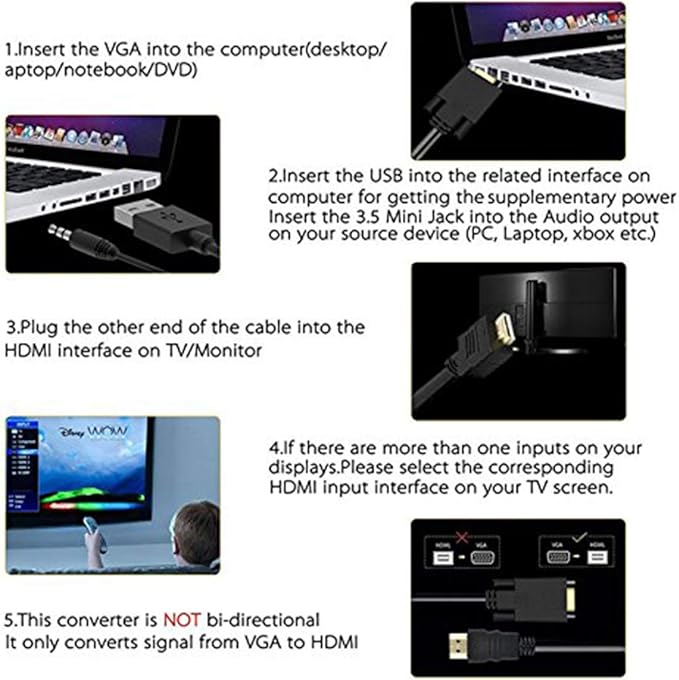 VGA to HDMI, 1080P Adapter (Male to Female) for Computer, Desktop, Laptop, PC, Monitor, Projector, HDTV with Audio Cable and USB Cable (1 Pcs)