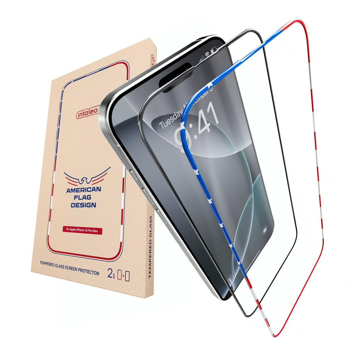 Intaleo Screen Protector for iPhone 15 Plus / 16 Plus - Tempered Glass Screen Protector (2 Pack) - USA Flag & Black Frame - 9H Hardness Full Coverage - Oleophobic Coating with Easy Installation