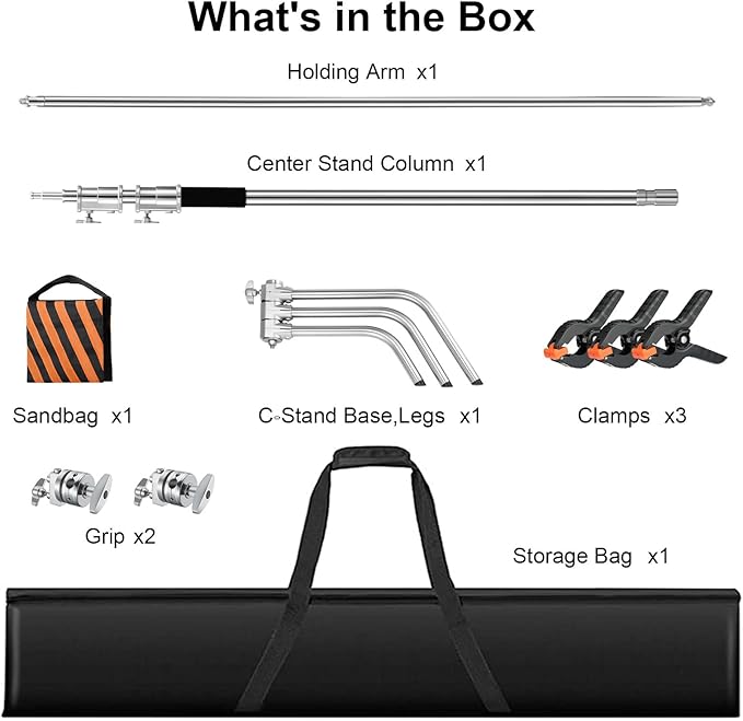 Heavy Duty C Stand 10.8ft/330cm with Holding Arm Carry Bag Sandbag 3*Clip 2*Grip Head Stainless Steel Photography Light Stand C-Stand Sturdy for Photography Studio Video Monolight Softbox Shooting