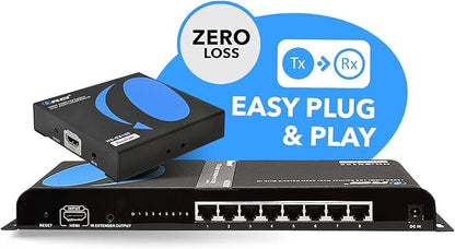 OREI 1080P 1x8 HDMI over Ethernet Extender Splitter CAT6/7 Over Cable Full HD with IR Remote EDID Management - Up to 400 Ft - Low Latency - Full Support, 1x8 upto 395 FT (HD-EX108)
