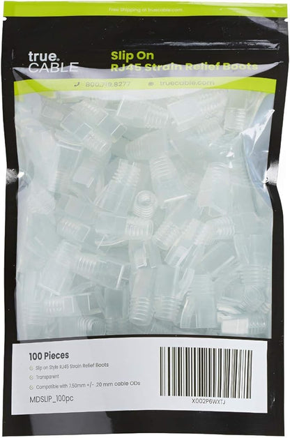 trueCABLE RJ45 Strain Relief Boots, 7.5mm Slip-On PVC Plug Cover, Transparent, 100 Pieces