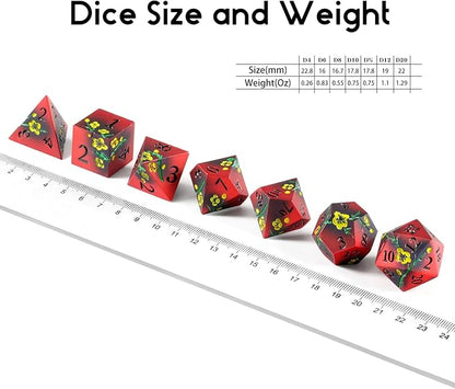 DNDND Metal Dice, 7 PCS Metallic Flowers D&D Dice with Gorgeous Gift Case for D&D Dungeons and Dragon Tabletop Game (Red and Yellow)