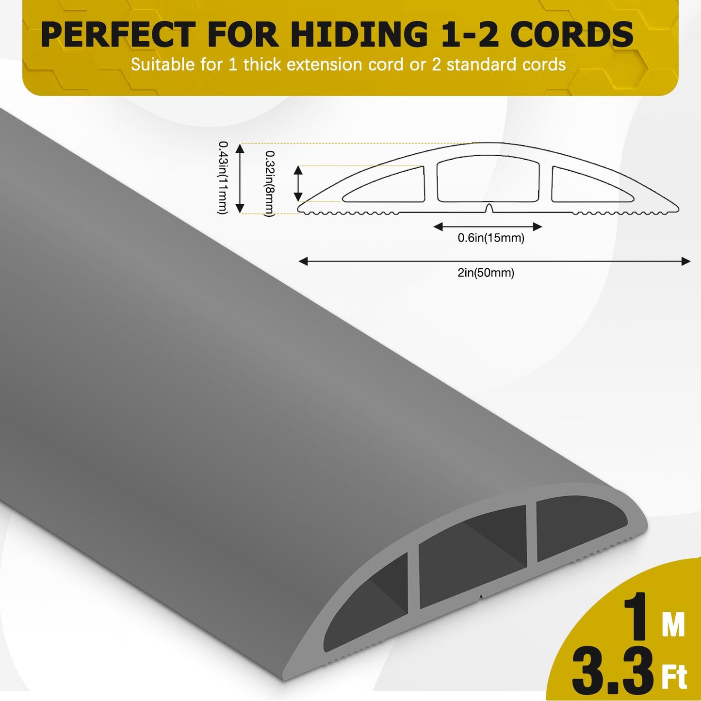 JAHOMFAI Floor Cord Cover 3.3FT Cord Covers for Wires on Floor Protect Wires & Prevent Trip Hazards, Easy to Cut for Home, Office, School, Concerts, Cavity W0.6in x H0.32in