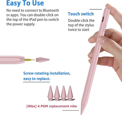 Stylus Pen for iPad 9th&10th - Fast Charge for iPad Pencil Palm Rejection Active Pen Compatible with (2018-2025) Apple iPad 6/7/8/9/10/11(A16), iPad Pro 11"/12.9"/M4, Mini 5/6, Air 3/4/5/M2/M3 (Pink)