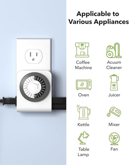 BN-LINK Timer Outlet with 2 Grounded Outlets, Mechanical Light Timers for Electrical Outlets Indoor, 24-Hour 3-Prong Timer Outlet for Lamp, Indoor Lighting and Christmas Lights, 15A/1875W, 2 Pack