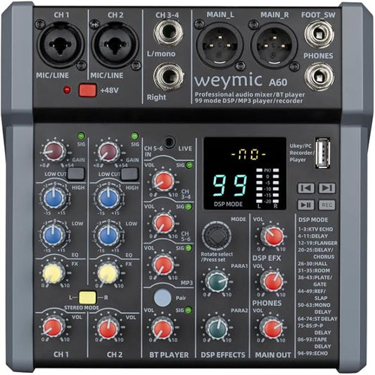 A-Series Professional Mixer for Recording DJ Stage Karaoke Music Application w/ 99 DSP Effect USB Drive for Computer Recording Input, XLR Microphone Jack, 48V Power for Professional (6-Channel)