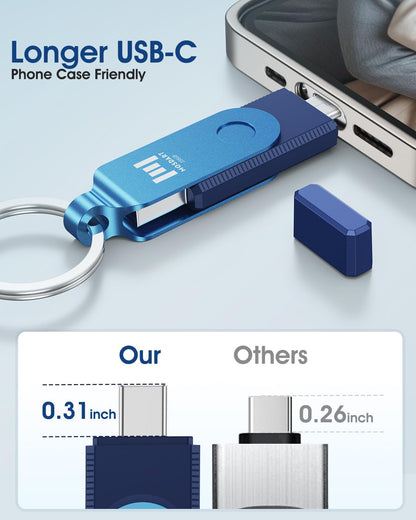 MOSDART 256GB USB C and A 3.2 150MB/s Dual Flash Drive with Keychain, Navy