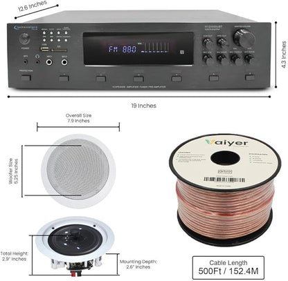 Vaiyer Home Audio System Kit, 6-Channel 6000 Watts Bluetooth Amplifier with 5.25" 10 QTY of 175 W Each in-Wall in-Ceiling Speakers & 16AWG 500 ft. Speaker Wire - Perfect for Home, Office, Restaurants