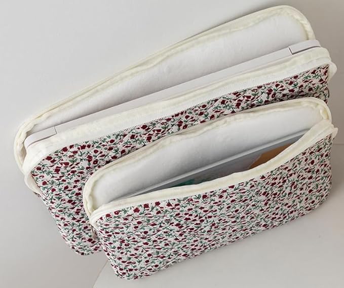 Puffy Laptop Sleeve 13-15.6 Inch Cute Quilted Laptop Protective Case Padded Floral Computer Sleeve for MacBook (B-red, 15 Inch)
