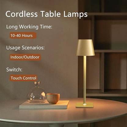 2 Pack Rechargeable Table Lamps, Gold Cordless Lamps - Battery Operated Touch Lamp, Outdoor Table Lights, Waterproof, Wireless, Portable Desk Lamp for Restaurant, Bedroom, Patio(Gold)
