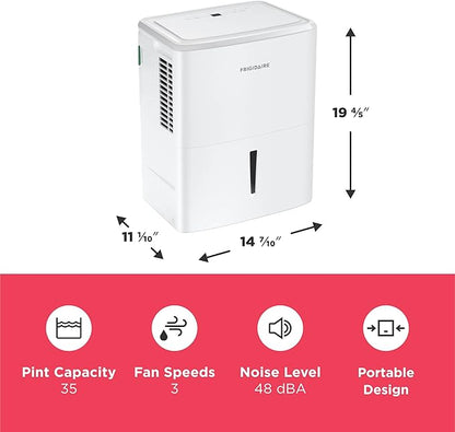 Frigidaire 35-Pint Portable Dehumidifier with Wi-Fi and Energy Star Certification for Small/Medium/Large Rooms & Basements, Custom Humidity Control, Auto Shut Off, White
