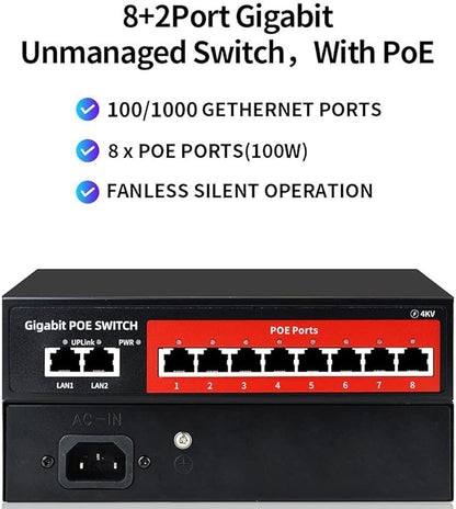 8 Port Gigabit PoE Switch with 2 Gigabit Uplink,802.3af/at Compliant,120W Built-in Power,Unmanaged Metal Plug and Play