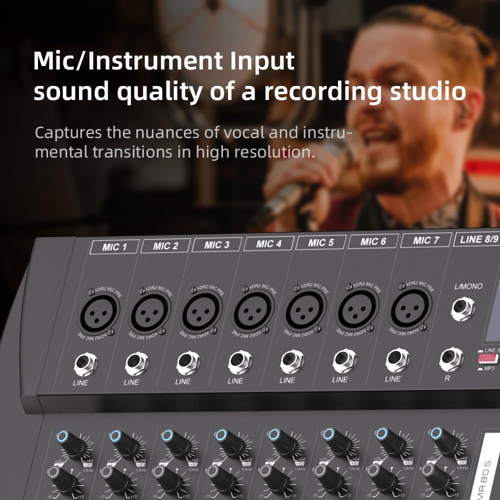 G‑MARK MR80S 8‑Channel Analog Audio Mixer, USB Bluetooth Mixing Console with 48V Phantom Power & Reverb Effect, Sound Board Controller for PC Recording, Stage DJ, Live Streaming & Studio