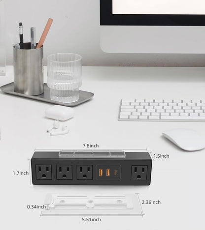 Under Desk Power Strip with 3M Adhesive, Removable Under Desktop Mount Plug with 30W Fast Charging USB C and USB A Ports, 4 Outlet Under Table Surge Protector 1200J, 10FT Extension Cord. (Black)