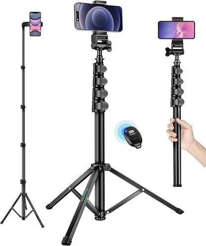 Phone Tripod, 70" Selfie Stick Tripod Stand Cell Phone Tripods with Remote Phone Holder Carry Bag, Aluminum Alloy Selfie Stick Tripods, Compatible with iPhone Samsung GoPro Smartphone