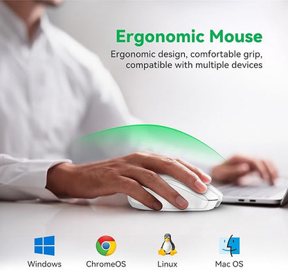 Bluetooth Mouse (BT5.0/3.0 & 2.4G) Rechargeable Wireless Mouse 2.4GHz with USB A Receiver, 4800 DPI Optical Tracking, 6 Adjustable DPI, Quiet Clicks, 6 Buttons, Wide Compatibility - White