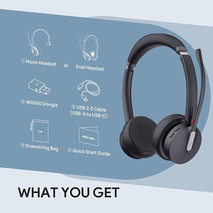 Yealink WH64 Hybrid Dual Wireless Headset with DECT Dongle, 492ft Range,Teams Zoom,Skype, UC,Bluetooth On Ear Work Headphones with 3X Noise Cancelling Mic, 32H Talk Time, Office PC, Computer,IP Phone