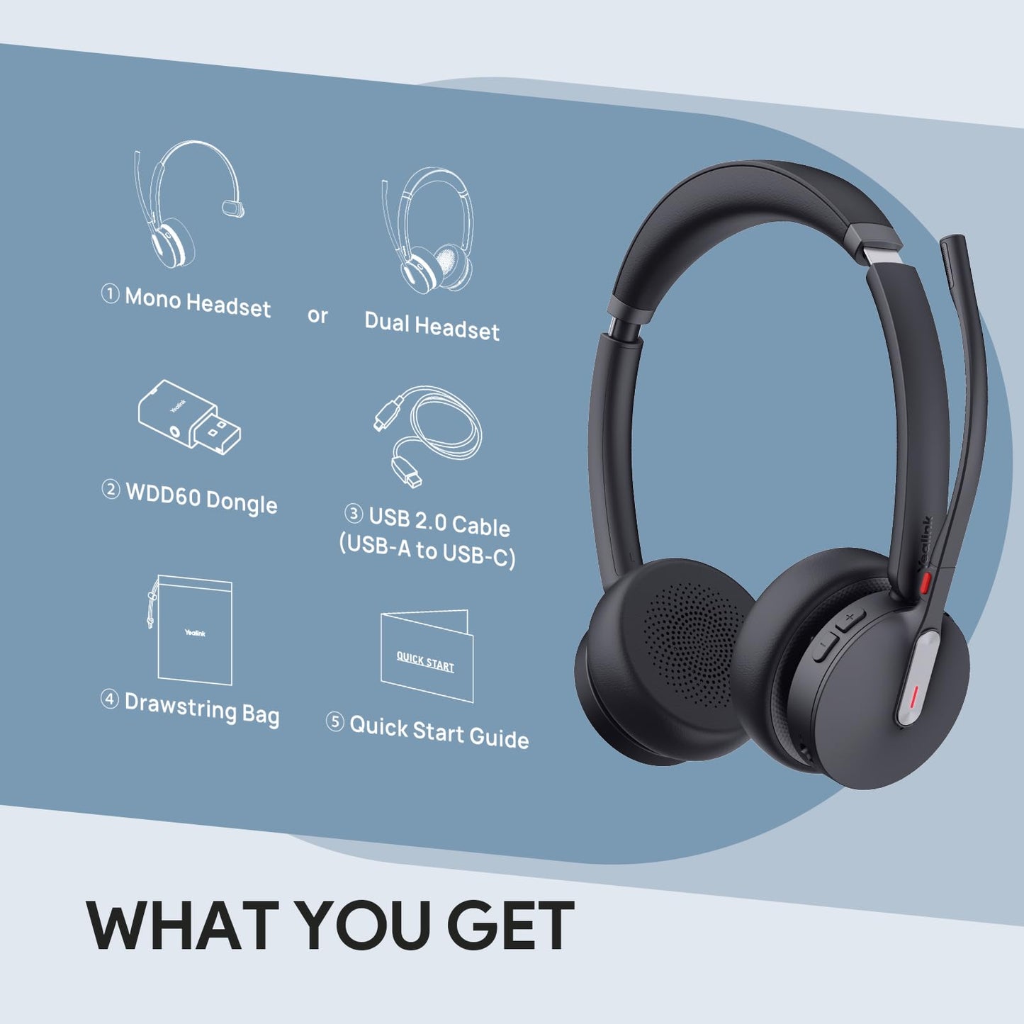 Yealink WH64 Hybrid Dual Wireless Headset with DECT Dongle, 492ft Range,Teams Zoom,Skype, UC,Bluetooth On Ear Work Headphones with 3X Noise Cancelling Mic, 32H Talk Time, Office PC, Computer,IP Phone