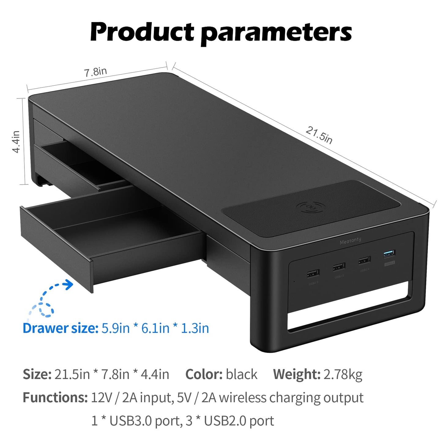 meatanty 3 In 1 Monitor Stand Riser with 2 Drawers,1 Wireless Charging Module and 4 USB Ports,Metal Computer Stand Support Transfer Data & Charging,Desk Organizer for PC,iMac (21 inches)