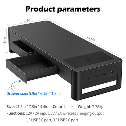 meatanty 3 In 1 Monitor Stand Riser with 2 Drawers,1 Wireless Charging Module and 4 USB Ports,Metal Computer Stand Support Transfer Data & Charging,Desk Organizer for PC,iMac (21 inches)