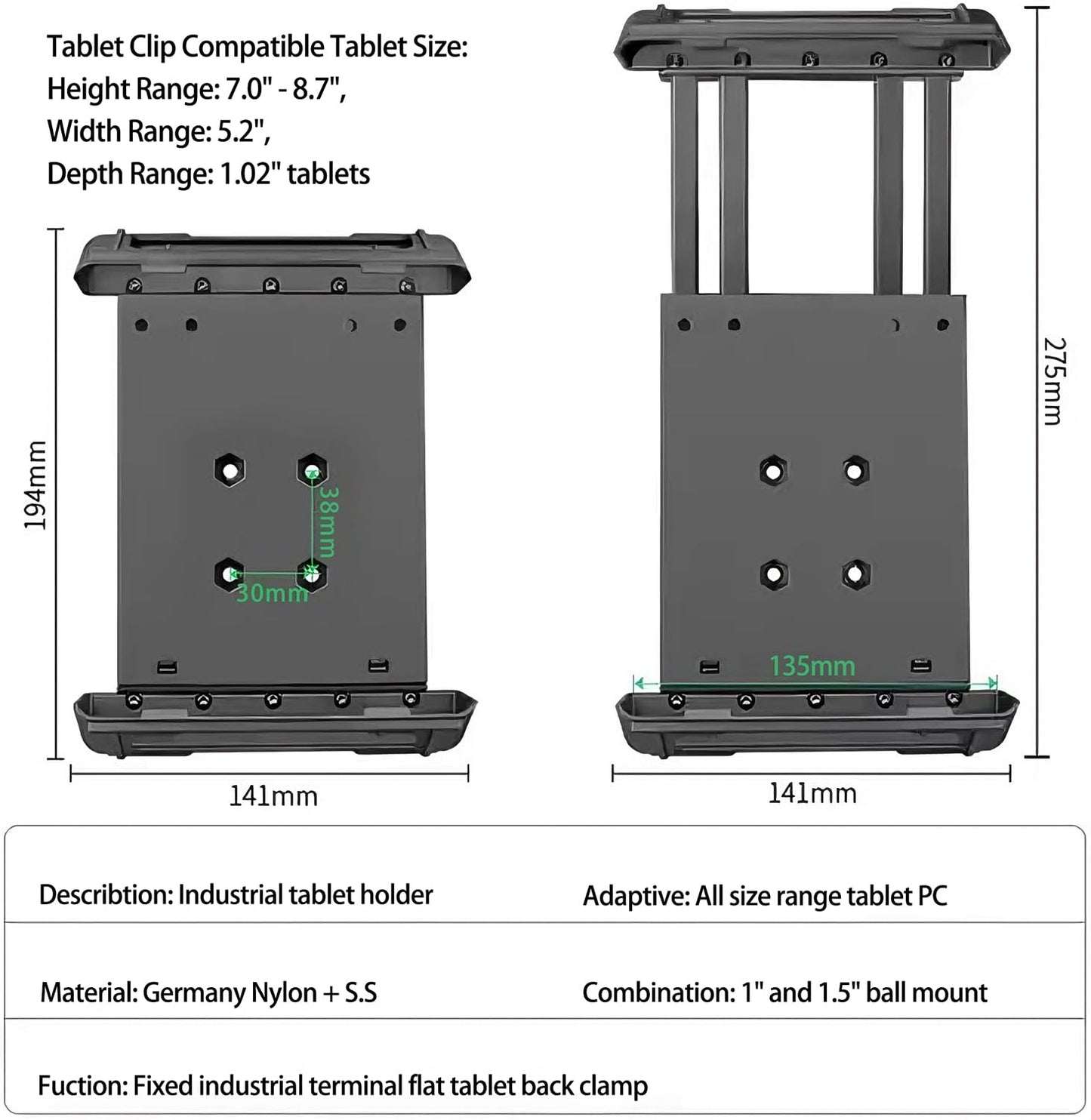 Strg Industrial Tablet Mount for 7.0" - 8.7" iPads/Tablets, Heavy Duty Tablet Mount Compatible with RAM Mount 1" and 1.5" Round Ball Mounts (Not Included Ball Mount)