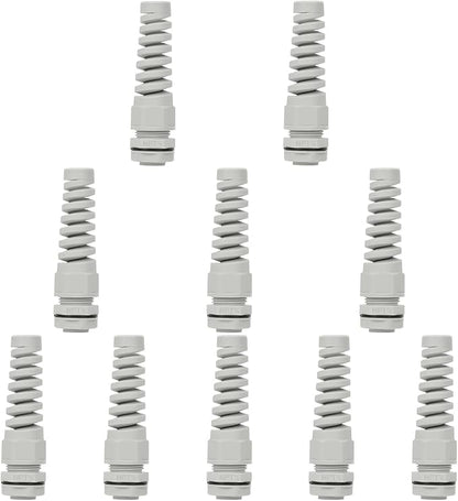 LeMotech 10Pcs NPT 3/8" IP68 Waterproof Cable Gland Flex Spiral Strain Relief Grey Nylon Joint with Gaskets for 5-10mm Wire Thread