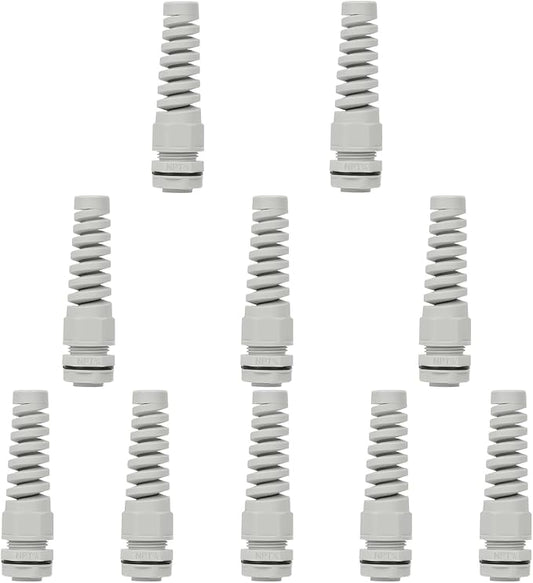 LeMotech 10Pcs NPT 3/8" IP68 Waterproof Cable Gland Flex Spiral Strain Relief Grey Nylon Joint with Gaskets for 5-10mm Wire Thread
