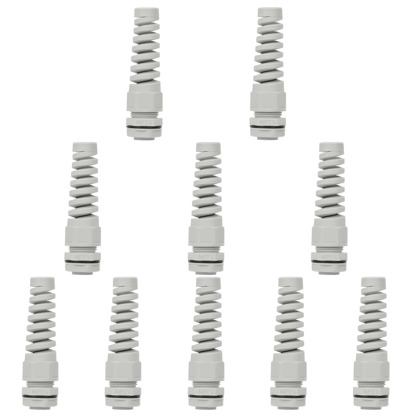 LeMotech 10Pcs NPT 3/8" IP68 Waterproof Cable Gland Flex Spiral Strain Relief Grey Nylon Joint with Gaskets for 5-10mm Wire Thread