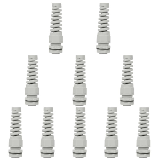LeMotech 10Pcs NPT 3/8" IP68 Waterproof Cable Gland Flex Spiral Strain Relief Grey Nylon Joint with Gaskets for 5-10mm Wire Thread