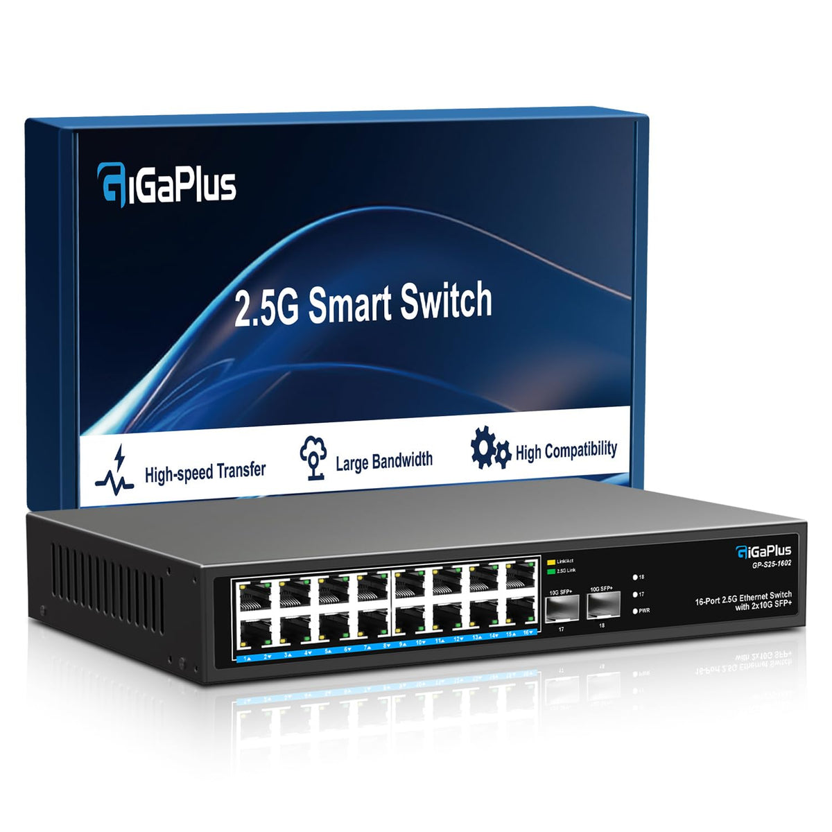 10 Port 2.5Gb Unmanaged Ethernet Switch with 8* 2.5G Base-T Ports, 2* 10G SFP+ Ports. GiGaPlus 2.5Gbps Network Switch for 2.5Gbps NAS/PC, WiFi6 Router, Wireless AP. Fanless Design, Plug and Play
