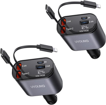 Car Phone Charger Adapter 2Pack Retractable Car Charger 4in1 Fast Charging Dual Retractable Cables 31.5 Inch Multiple Ports Charging Station Compatible with iPhone 16/15/14/13/12/11 Pro Max/Samsung