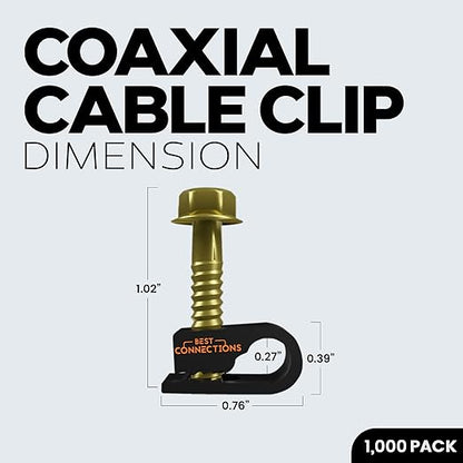 BEST CONNECTIONS Coaxial Cable Clips with Pre-Inserted Screw (1,000 Pack) – Black Single Cable Mounting Clamps for Coax Cable (RG6, RG59) and Ethernet Cable – Cord Fastener/Strain Relief Clip