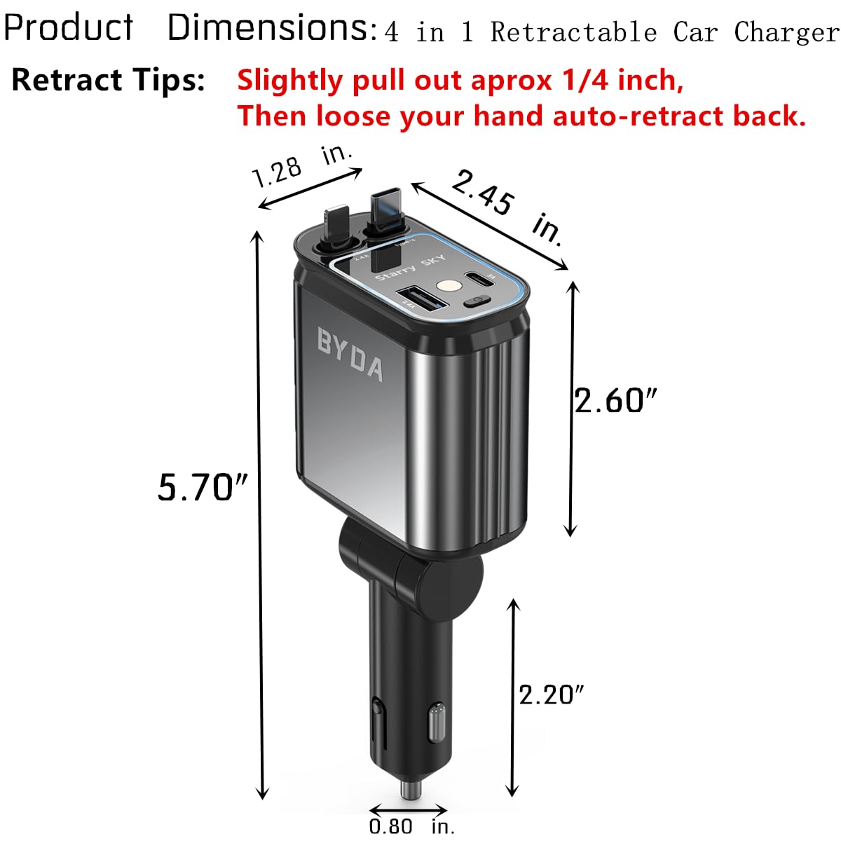4 in 1 Retractable Car Charger with Starry Light,69W USB-C Fast Car Charger, for iPhone 17/16/15/14/13/12/11, Android,Pixel,Cigarette Lighter Charger (for Lightning+USB-C)