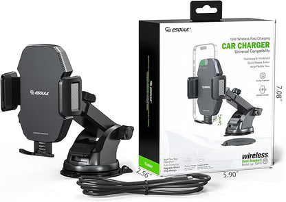 Car Phone Holder &15W Wireless Fast Charger, Auto-Clamp Qi Charging Mount, 360° Adjustable Phone Holder for iPhone/Android, Air Vent Mount with Overcharge Protection - by Esoulk