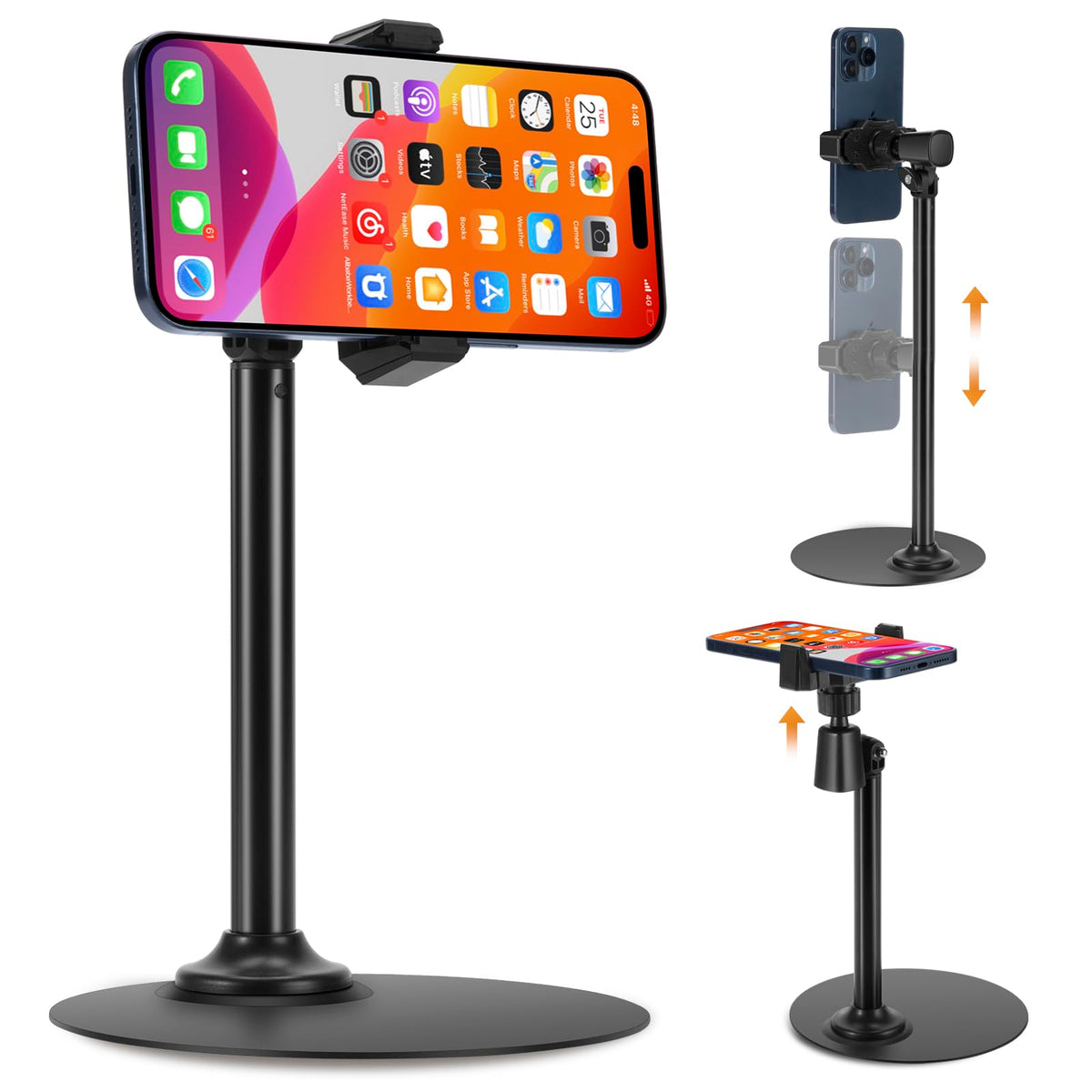 Xiaoshuang Phone Stand for Recording Videos, Adjustable Phone Holder for Desk, 16cm Diameter Metal Base, 360° Rotating Overhead Mount for Live Streaming, TikTok, YouTube, Height Adjustable to 35cm