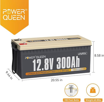 Power Queen 12V 300Ah Deep Cycle Battery, LiFePO4 Lithium Battery, Max.3840Wh, Built-in 200A BMS, Up to 15000 Cycles, 10-year Lifespan for Solar Energy Storage, Backup Power, RV, Camping