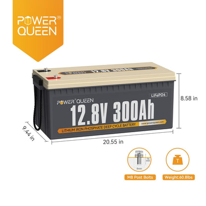 Power Queen 12V 300Ah Lithium Battery, 3840Wh LiFePO4 Battery with 2560W Power Output, Up to 15000+ Deep Cycles, BMS Protections for Solar, RV Motorhome, Marine, Off-Grid