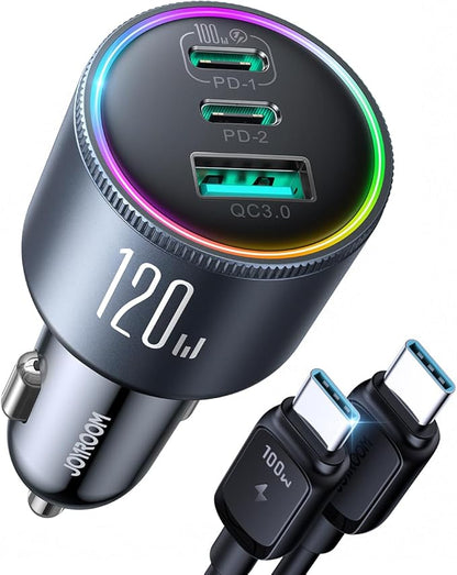 JOYROOM 175W Super Fast Car Charger [GaN] 3-Port Car Charger USB C Fast Charge with USB-C Cable, Car Cigarette Lighter USB Charger for iPhone 17/16/15, Samsung S26/25, Pixel 10, MacBook, iPad and More