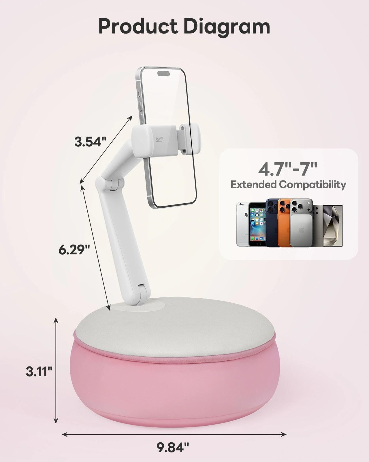 SAIJI Cell Phone Pillow Stand Mini iPhone Holder for Bed, Upgraded ,Mini Angle & Height Adjustable Phone Pillow Stand for Watching Video On Bed/Sofa/Lap, Fit for 4.7"-7.0" Device (Pink)