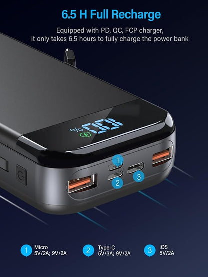 Portable Charger 32000mAh, 22.5W QC 3.0 PD 20W Smart LED Display Fast Charging Built in Cables MFi Certified Power Bank, External Battery Pack Charge 5 Devices Compatible with Cellphones (Black)