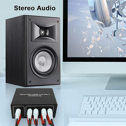 4-Way Stereo L/R Sound Channel Bi-Directional Audio Switcher, 1 in 4 Out or 4 in 1 Out, L/R Sound Channel Audio Switch Splitter RCA Stereo Switch Selector for DVD Stereo Speaker CD Player