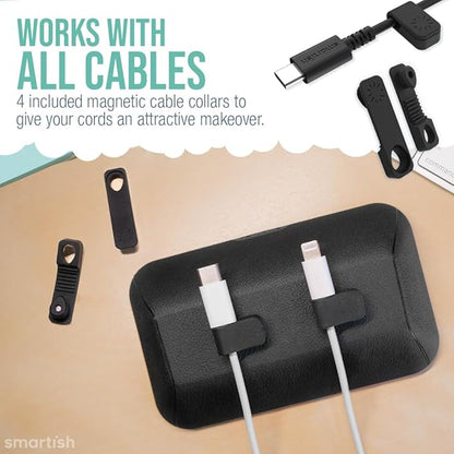 Smartish® Magnetic Cord Holder - Bigger Cable Wrangler Organizer with Magnet Clips for Charger Management on Desktop, Nightstand, or Side Table - Holds 6+ Cables - Black Tie Affair