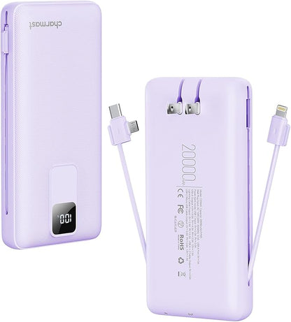 Charmast Portable Charger with Built-in Cables and Wall Plug, 20000mAh 20W USB C Power Bank Fast Charging Battery Pack Travel Essentials Compatible with iPhone 16/15/14/13 Series, Samsung Google iPad