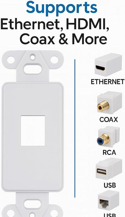 10 Pack Keystone Wall Plate 1 Port, White Decorator Insert Cover for Ethernet, HDMI, Coax, Cat6 Cat5, RJ45, Home & Office Installations