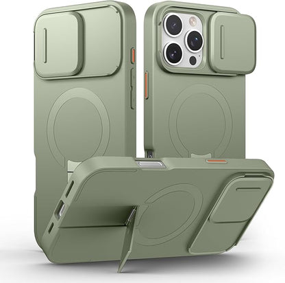 SURITCH for iPhone 16 Pro Max Case with Magnetic Camera Slide Cover and Adjustable Kickstand, Compatible with MagSafe, Shockproof Bumper Case Slim Protective Cover 6.9 Inch, Green
