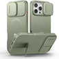 SURITCH for iPhone 16 Pro Max Case with Magnetic Camera Slide Cover and Adjustable Kickstand, Compatible with MagSafe, Shockproof Bumper Case Slim Protective Cover 6.9 Inch, Green