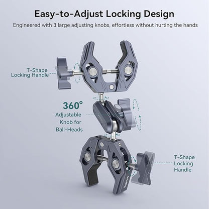 SMALLRIG Double Clamp Mount, Umbrella Clamp, Super Clamp Arm, for Chair, Pole, Tripod, C Stand, Handlebar, All Metal Max Load Capacity 3.5kg