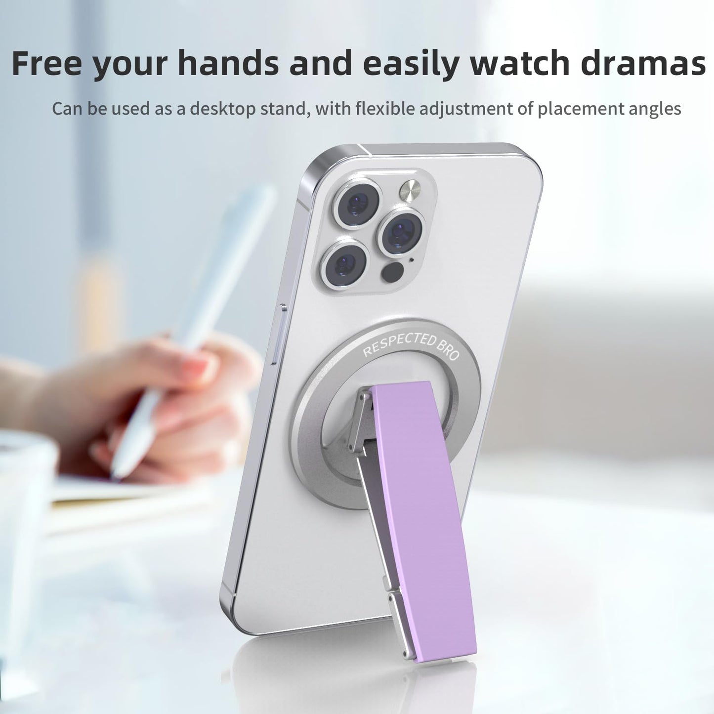 RESPECTED-BRO-Magnetic-Phone-Grip-Stand, Magnetic Phone Ring Holder Kickstand with Silicone Finger Strap, Compatibility for iPhone 17/16/15/14/13/12, Android, and More (Purple)